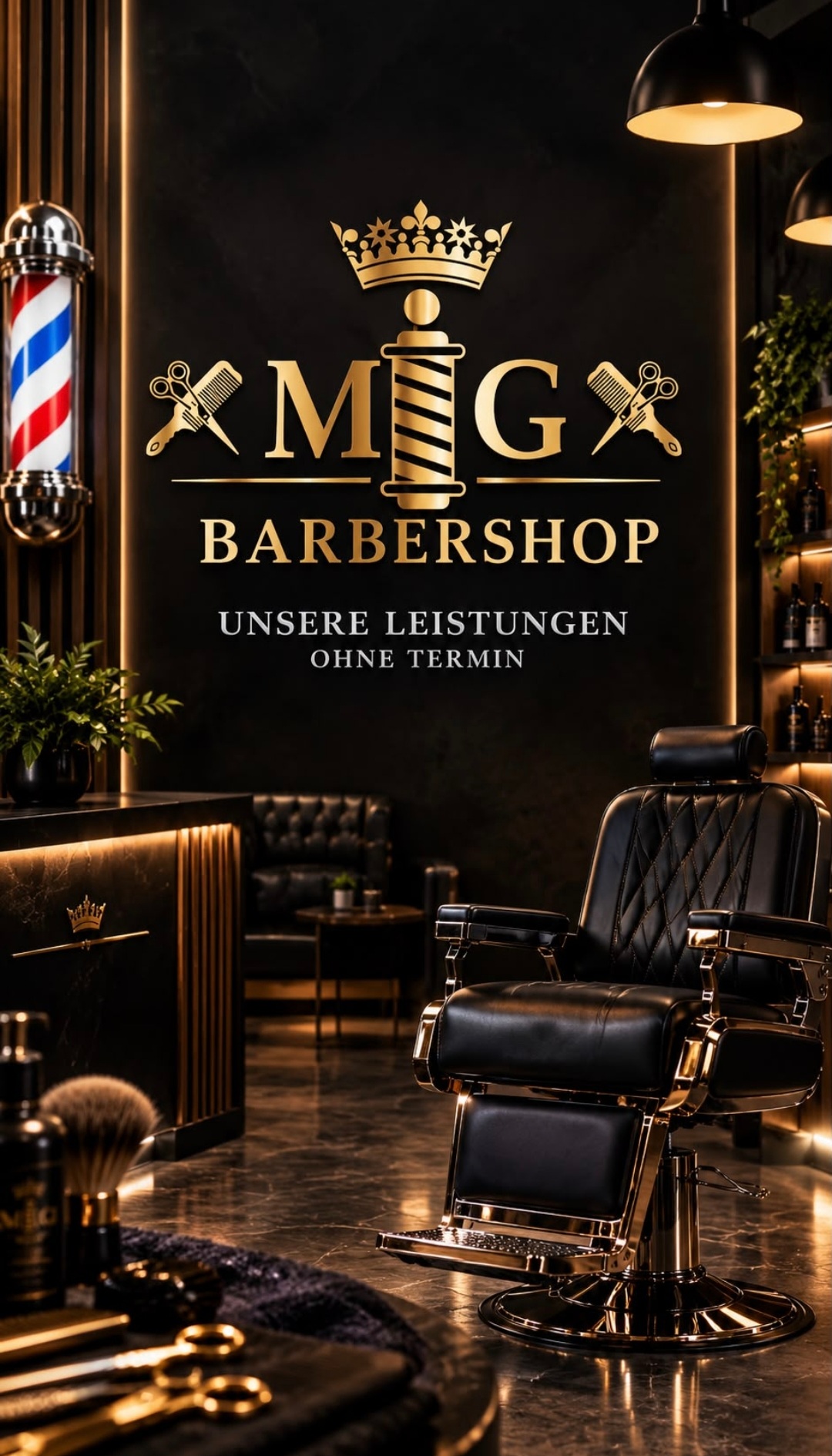 MG Markenmotiv in Schwarz und Gold mit klassischem Barbierstuhl