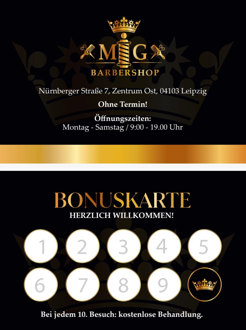 MG Bonuskarte mit neun Stempelfeldern und einer kostenlosen Behandlung beim zehnten Besuch